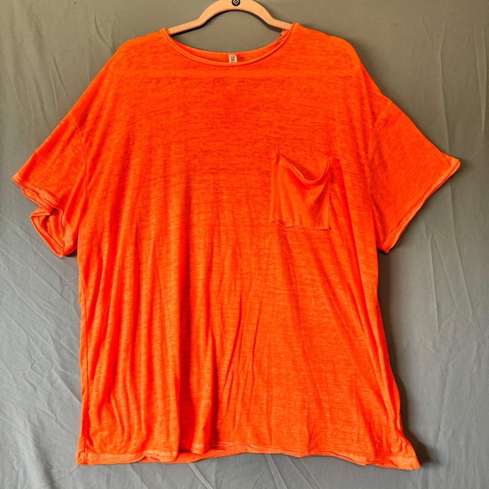Zenana Womens Neon Oversized Tee M Orange Cozy Pocket Tropical Beach Vacation